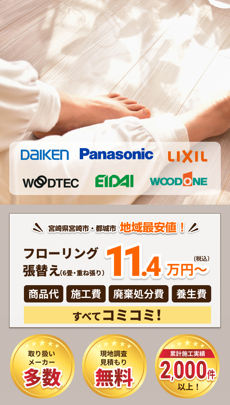 宮崎県宮崎市・都城市 地域最安値!フローリング張替え(6畳・重ね張り)11.4万円~ (税込)。商品代、施工費、廃棄処分費、養生費、すべてコミコミ!取り扱いメーカー多数 (DAIKEN, Panasonic, LIXIL, WOODTEC, EIDAI, WOODONE)。現地調査見積もり無料。累計施工実績 2,000件以上!